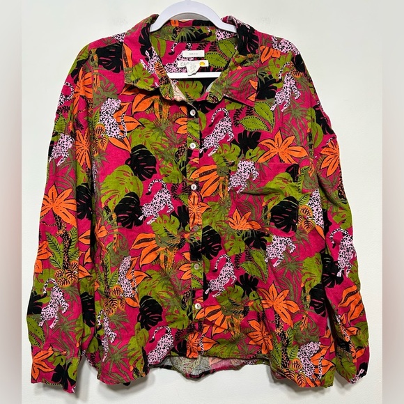 C & C California Linen Tropical Floral Leopard Cat Button Up Shirt Womens 3X - Picture 1 of 10